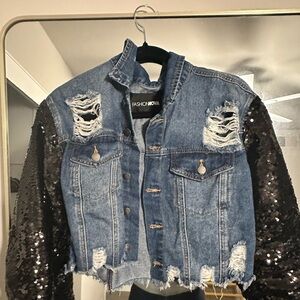denim distressed sequence jacket